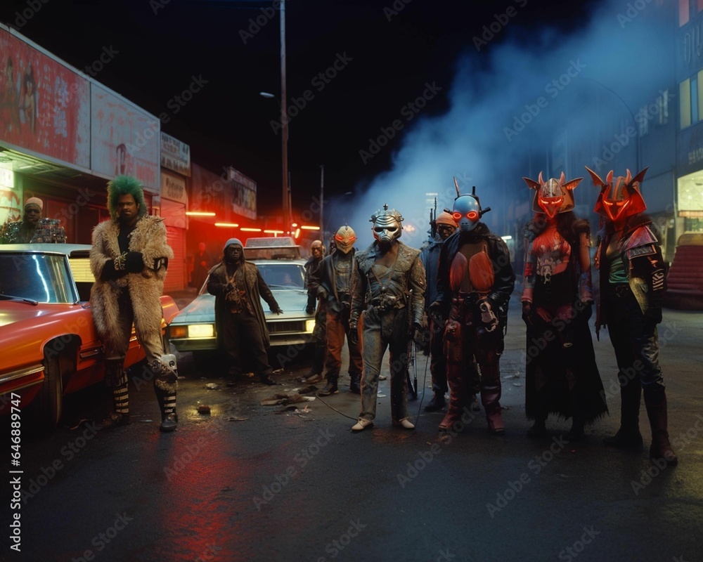 Naklejka premium a group of people wearing masks next to a car at night