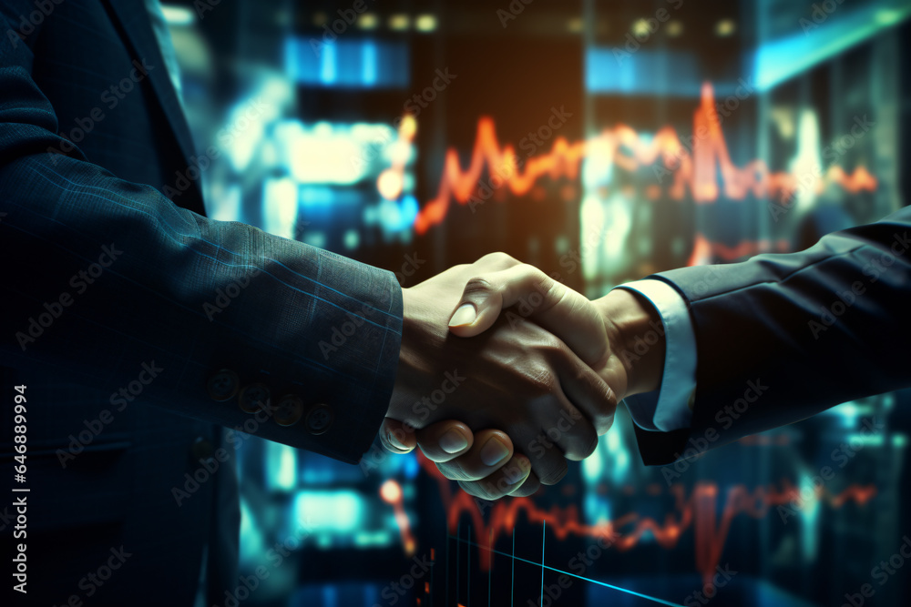 handshake takes place in front of a stock market chart,successful partnership or agreement in the realm of technology-driven stock trading and investment