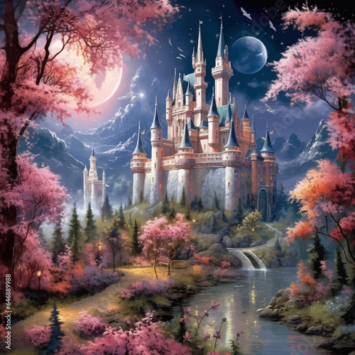 Castle, bridge and river under the full moon. Princess Castle on the cliff. Fairy tale castle in the mountains. Fantasy Night landscape. Castle on the hill. Fairy city. Kingdom. Magic tower. Art