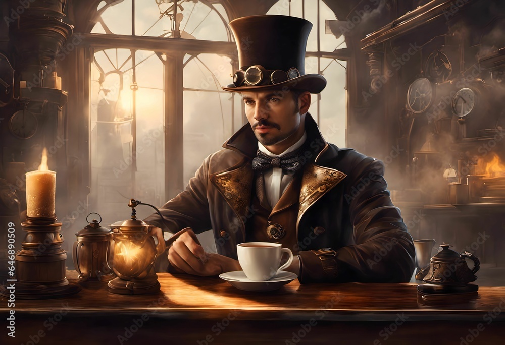 AI generated illustration of a man in a steampunk style outfit with a cup of coffee - obrazy, fototapety, plakaty 