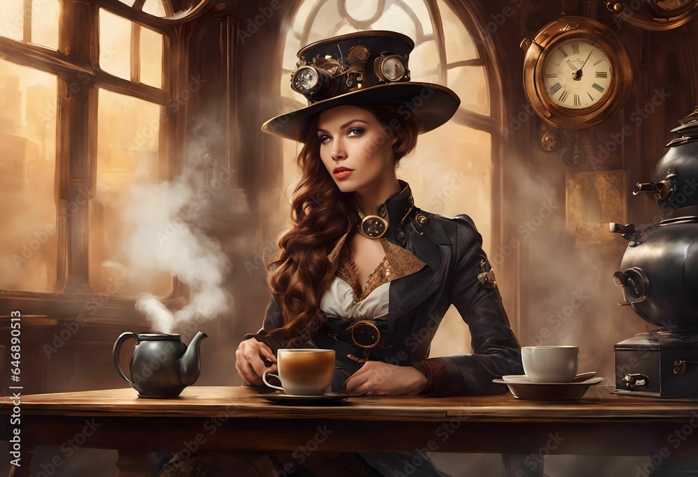 AI generated illustration of a woman in a steampunk style outfit with a cup of coffee