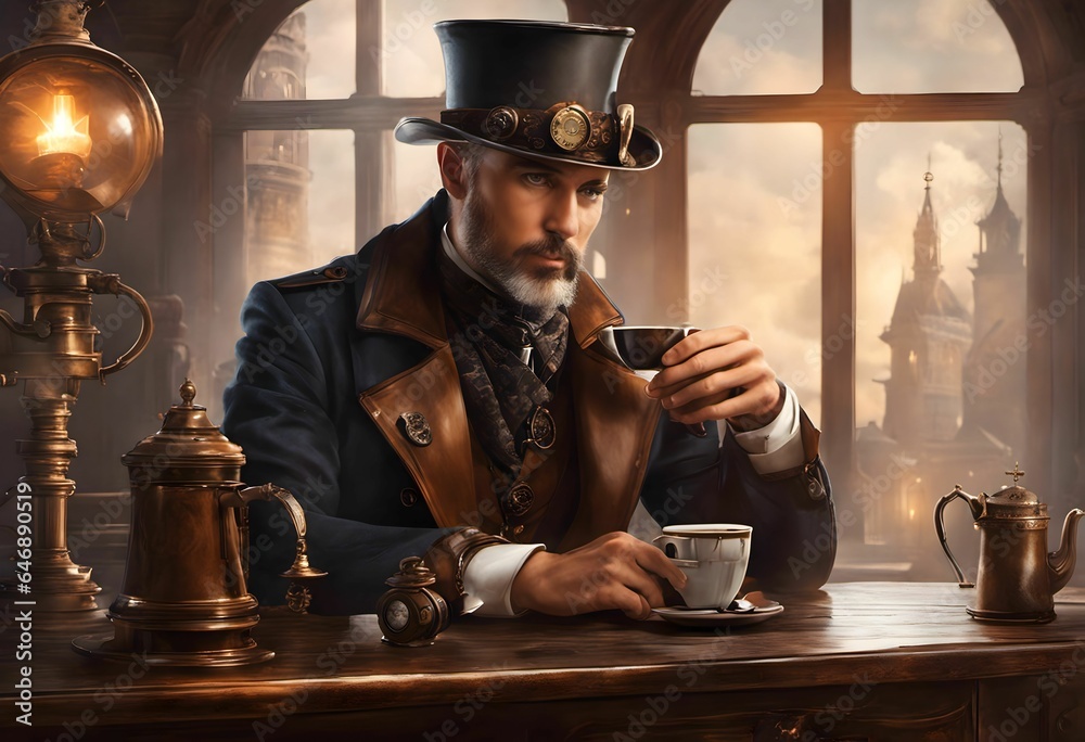 AI generated illustration of a man in a steampunk style outfit with a cup of coffee AI generated illustration of a man in a steampunk style outfit with a cup of coffee