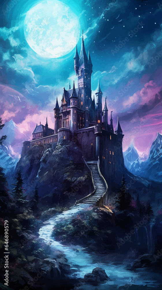 Castle, bridge and river under the full moon. Princess Castle on the cliff. Fairy tale castle in the mountains. Fantasy Night landscape. Castle on the hill. Fairy city. Kingdom. Magic tower. Art