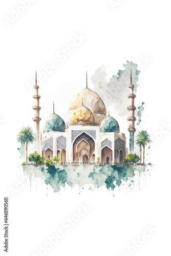 Islamic mosque watercolor illustration on white background, AI Generative illustration © Minar Aslanova