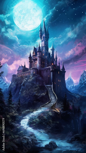 Castle, bridge and river under the full moon. Princess Castle on the cliff. Fairy tale castle in the mountains. Fantasy Night landscape. Castle on the hill. Fairy city. Kingdom. Magic tower. Art