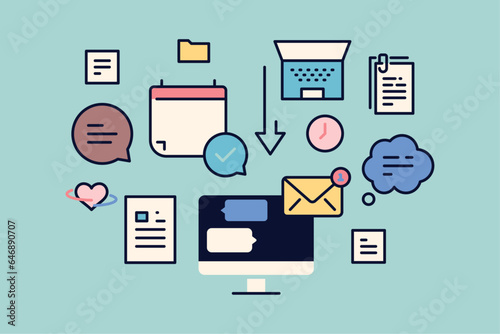 Computer monitor with many notifications and modern device with overwhelmed letters, calls, text message, emails, desktop with important on white background flat vector illustration.