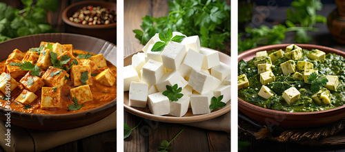 collage with traditional national Indian food Paneer cheese, palak paneer, paneer curry on the table photo