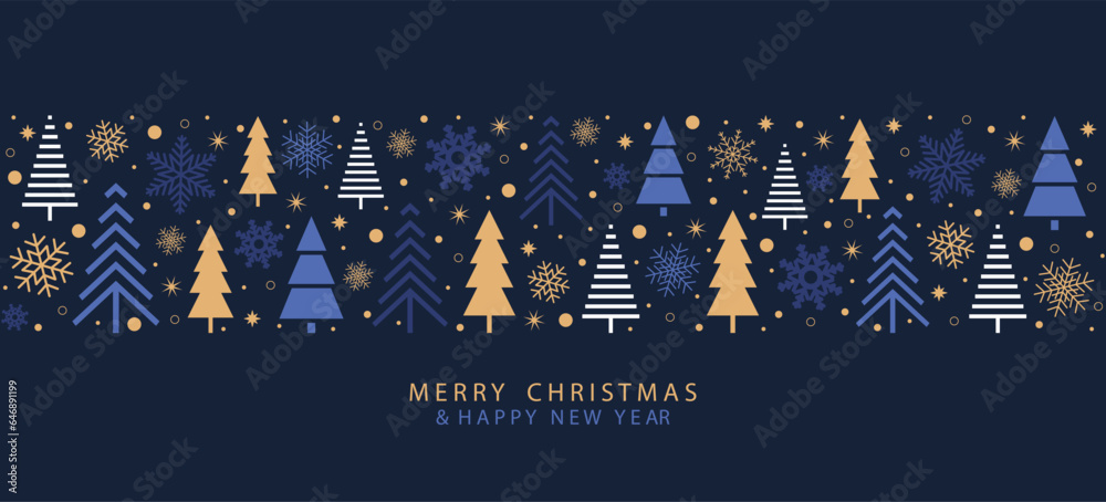 Festive design Merry Christmas and Happy New Year with Christmas trees and beautiful snowflakes in a modern style on a blue background. Winter forest with falling snow. Vector illustration.