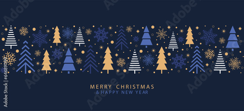 Valokuva Festive design Merry Christmas and Happy New Year with Christmas trees and beautiful snowflakes in a modern style on a blue background