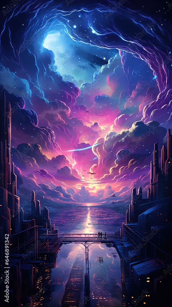 Sunset in the clouds. AI generated art illustration.