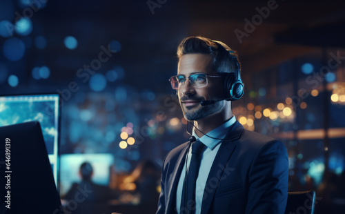 Technical support worker. Phone tech support. Friendly. Handsome. Computer help, smiling. Man wearing a headset. Man on the phone. Customer service. Customer support. Call centre. Cybersecurity expert