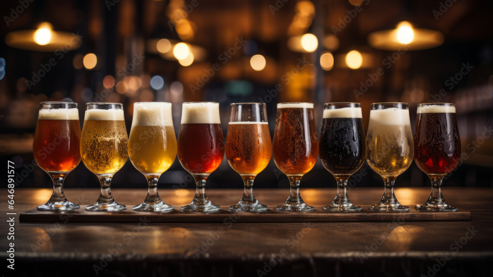 Variety in Brews: Glasses of Craft Beer Arranged on a Bar Counter.generative ai Variety in Brews: Glasses of Craft Beer Arranged on a Bar Counter.generative ai