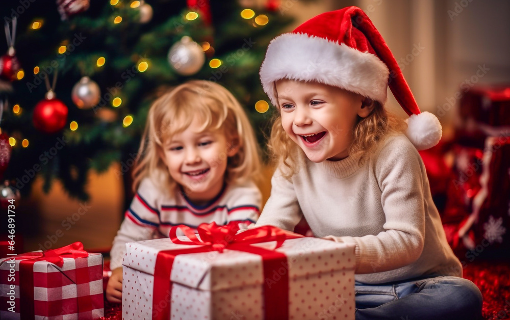 The joy and excitement of two children unwrapping their Christmas gifts The joy and excitement of two children unwrapping their Christmas gifts