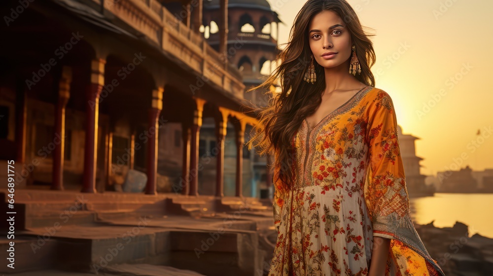 Indian Model in Anarkali Gown on Varanasi Ghats