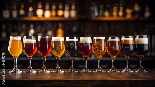 Variety in Brews  Glasses of Craft Beer Arranged on a Bar Counter.generative ai