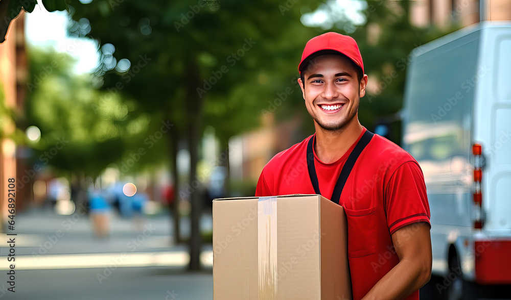 Young smiling courier in a red uniform with a box in his hands stands against the backdrop of a postal van.