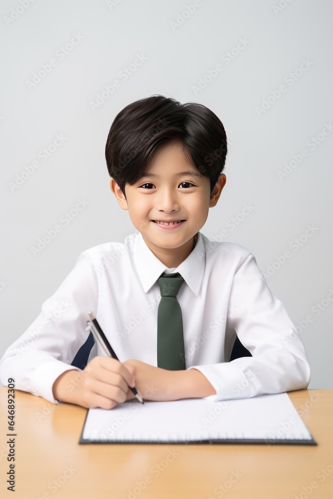 Happy Japanese School Boy wearing white shirt Doing Homework Happy Japanese School Boy wearing white shirt Doing Homework