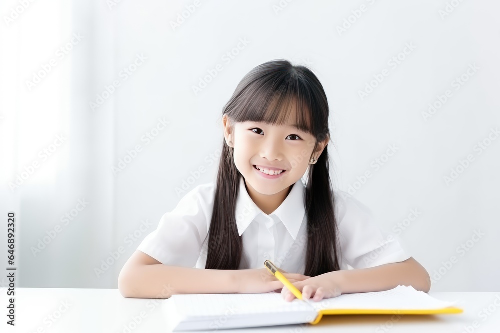 Happy Japanese School Girl Doing Homework