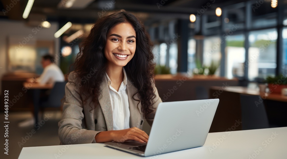 Happy Young Lady Working at the Office on a Laptop Happy Young Lady Working at the Office on a Laptop