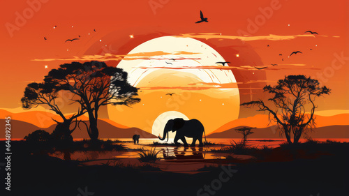 vector art of Color sunset scene African landscape with silhouette wild beast vector illustration.generative ai