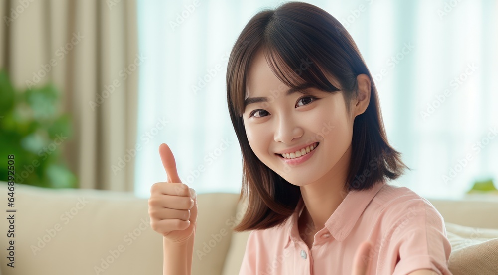 Japanese beautiful girl Showing OK Sign with thumb Living in Room smile on face Japanese beautiful girl Showing OK Sign with thumb Living in Room smile on face