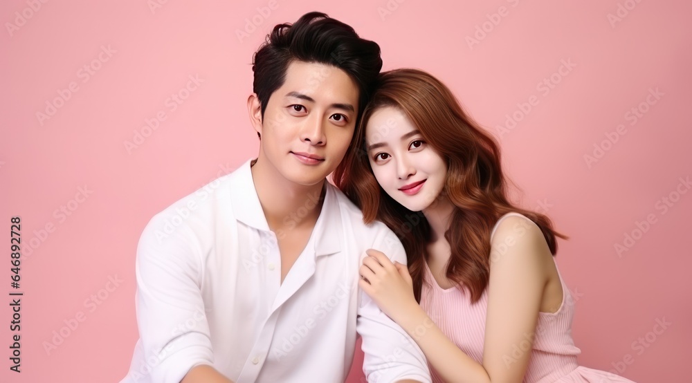 Portrait of Man and Woman Sitting on Pink Background: Love Portrait of Man and Woman Sitting on Pink Background: Love