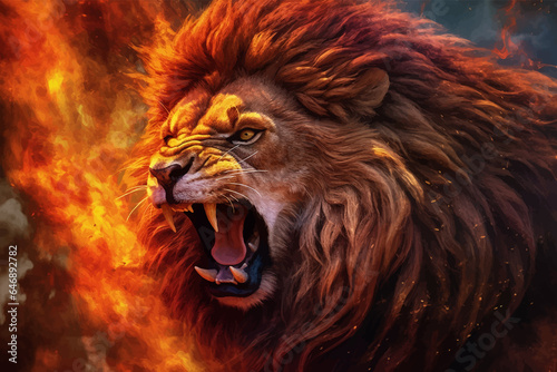 Lion Roaring. Terrible. Head of Lion with a fiery mane. The majestic King of beasts with a flaming,  blazing mane. Regal and powerful. Wild animal. Ferocious Roar. Fire backgrounds. 3d digital art © Zakhariya