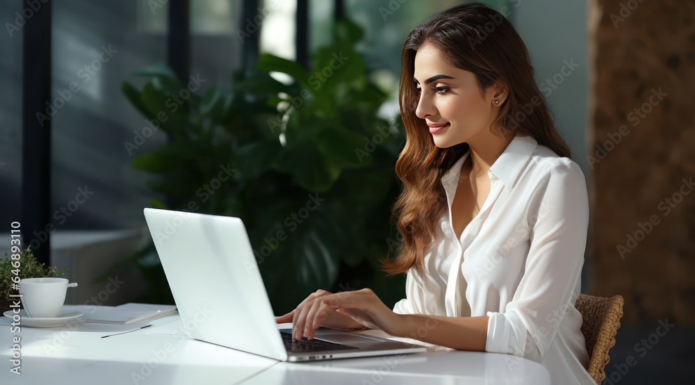 Happy Pakistani Woman Typing on Laptop in Modern Office - Innovative Page Design Capture Happy Pakistani Woman Typing on Laptop in Modern Office - Innovative Page Design Capture