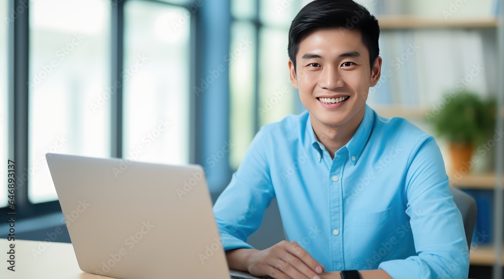 Professional Filipino Live Chat Support Agent in Light Blue Polo - Office Setting Professional Filipino Live Chat Support Agent in Light Blue Polo - Office Setting