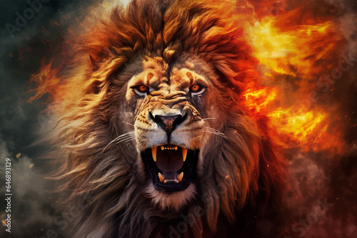 Lion Roaring. Terrible. Head of Lion with a fiery mane. The majestic King of beasts with a flaming, blazing mane. Regal and powerful. Wild animal. Ferocious Roar. Fire backgrounds. 3d digital art
