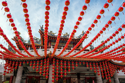Photography Thean Hou Temple decorated with hanging red lanterns during Chinese Lunar New Year celebration, Kuala Lumpur, Malaysia