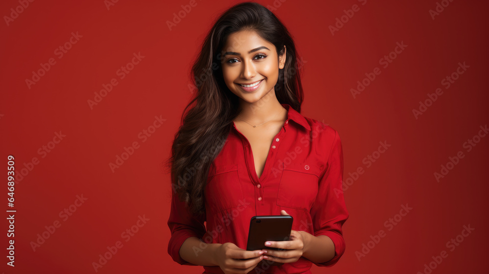 Happy smiling young woman is using her phone on a colored background. Happy smiling young woman is using her phone on a colored background.
