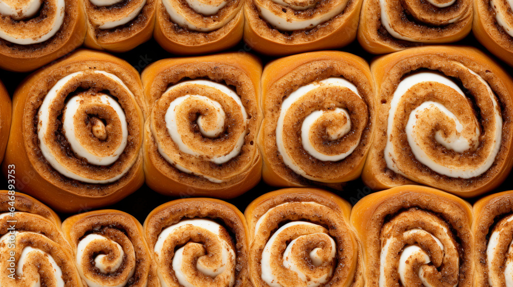 Freshly Baked Cinnamon Buns with frosting and cinnamon, looking delicious and yummy. Top-down view. Seamless tiled texture.
