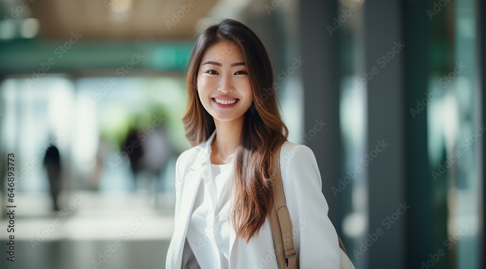 Professional photography of a beautiful Asian girl model in front of an office building Professional photography of a beautiful Asian girl model in front of an office building