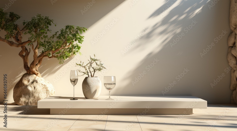 Realistic space with white background and stone base for beverage promotion
