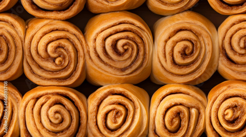 Freshly Baked Cinnamon Buns with frosting and cinnamon, looking delicious and yummy. Top-down view. Seamless tiled texture.