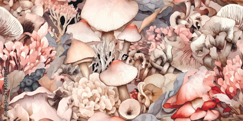 Seamless botanical autumn pattern vintage pastel color, ream, brown, soft pink. Mushroom and flower, beautiful florals, leaves and buds. Woodland garden in nature. Colorful vector illustration.