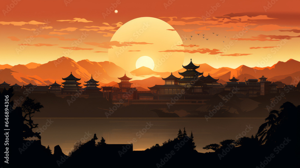 Obraz premium vector art of Silhouette temple sunset background. telephoto lens realistic lighting generative ai
