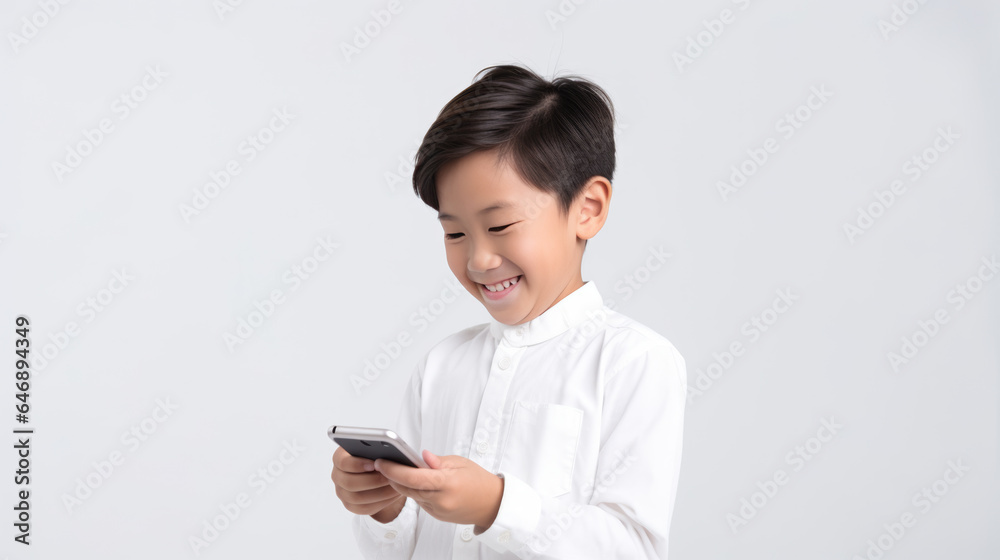 Little smiling boy with a cell phone on a colored background. Little smiling boy with a cell phone on a colored background.