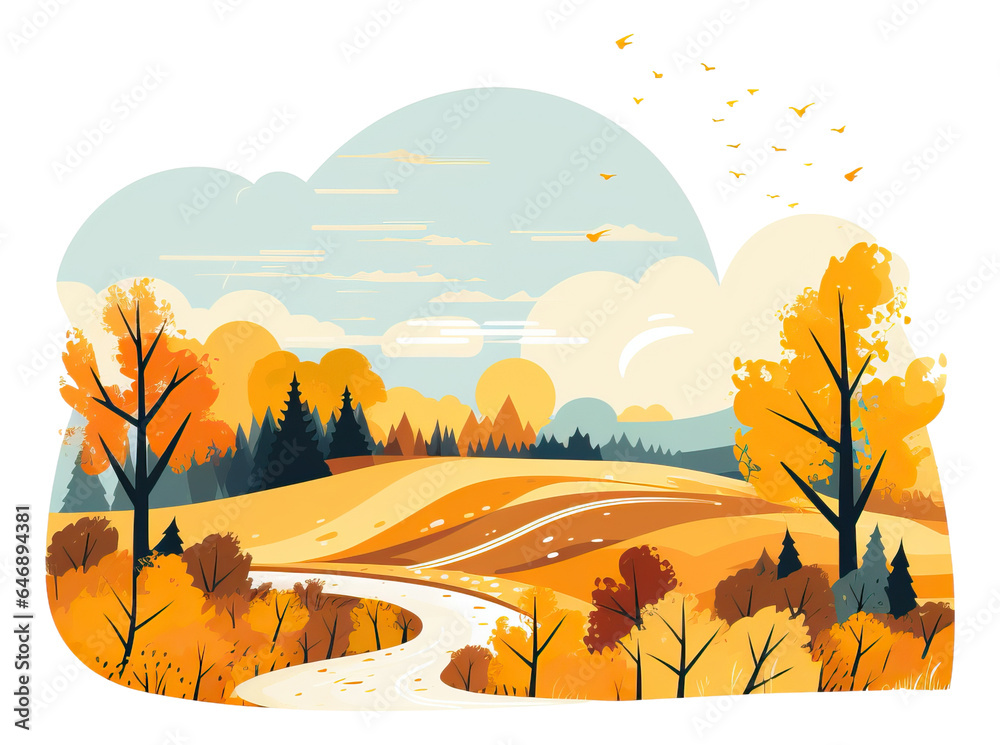 Illustration of a autumn landscape, fall, isolated.