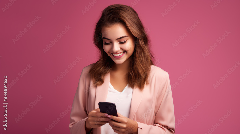 Happy smiling young woman is using her phone on a colored background. Happy smiling young woman is using her phone on a colored background.