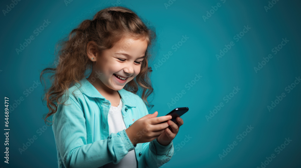 Little smiling girl with a cell phone on a colored background. Little smiling girl with a cell phone on a colored background.