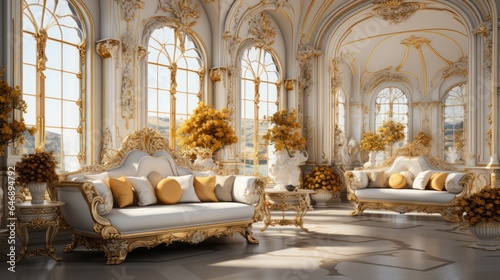 Traditional Guest Hall with Light Silver Walls and Golden Garlands - Sofas, Carpet, Traditional Drawing