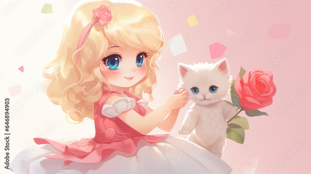 Very Cute Little Girl with Newborn White Cat Joyful and Red and white dress anime style