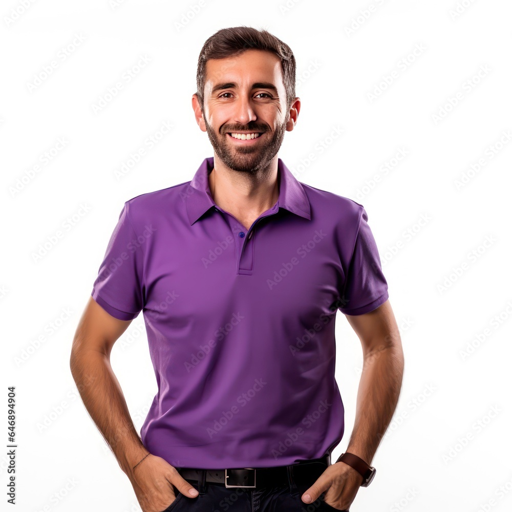 A happy smiling Man in Purple Shirt isolated on white background A happy smiling Man in Purple Shirt isolated on white background