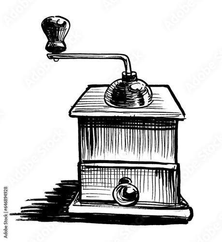 Old coffee grinder. Hand-drawn ink black and white sketch