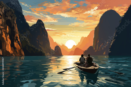 vector art of Travelers on the boat enjoy nature,Thailand, beautiful Asian holiday destinations.generative ai