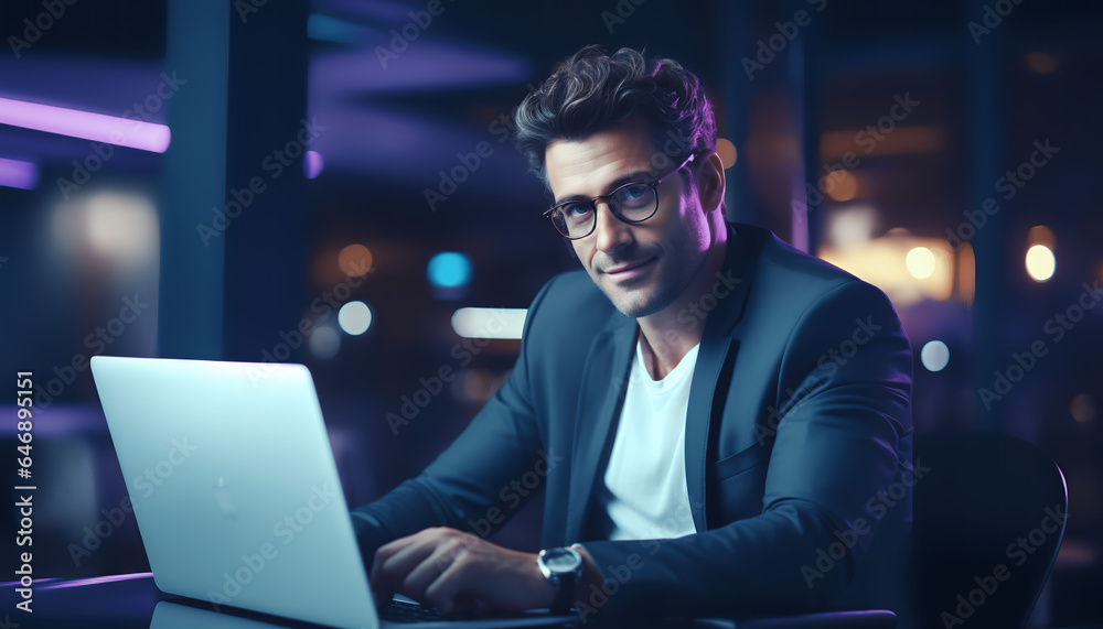 Portrait of a handsome male businessman sitting in front of a laptop, advertisement, profile
