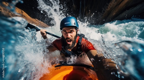 A guy in a kayak sails on a mountain rive. Extreme kayaking, Extreme sport concept.