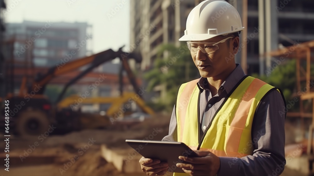 In a construction site, a civil engineering or construction worker is using a tablet. In a construction site, a civil engineering or construction worker is using a tablet.